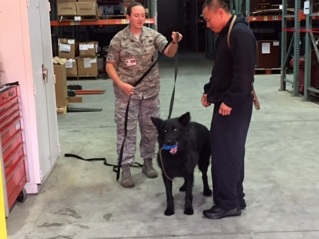 Air Force Staff Sgt. Victoria Dames (left), a military working dog trainer, confers with handler Staff Sgt. Thanh Nguyen, who came in off duty train with his dog Cento.
