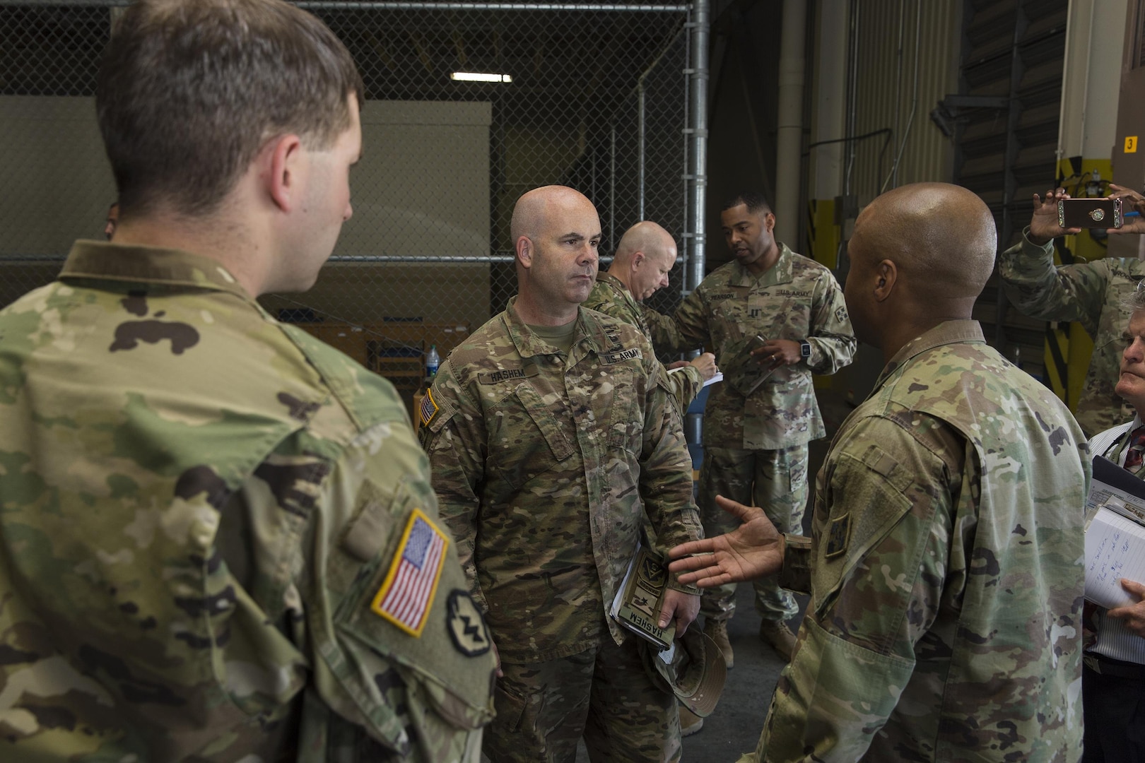 Brig. Gen. John B. Hashem talks with ARNOTH-Task Force 51 Soldiers about their mission and capabilities in relation to Hurricane Harvey