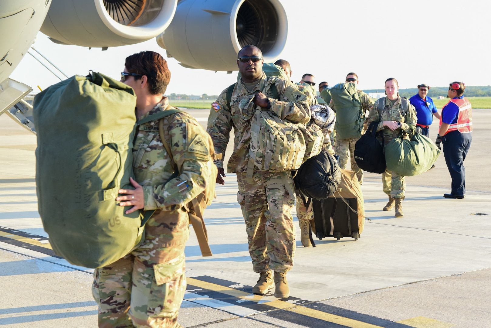 Members from the 502nd Logistics Readiness Squadron, the 433rd Airlift Wing, and the 445th Airlift Wing unload pallets and rolling stock containing maintenance equipment Aug. 30, 2017 at Joint Base San Antonio-Lackland Kelly Field, Texas.