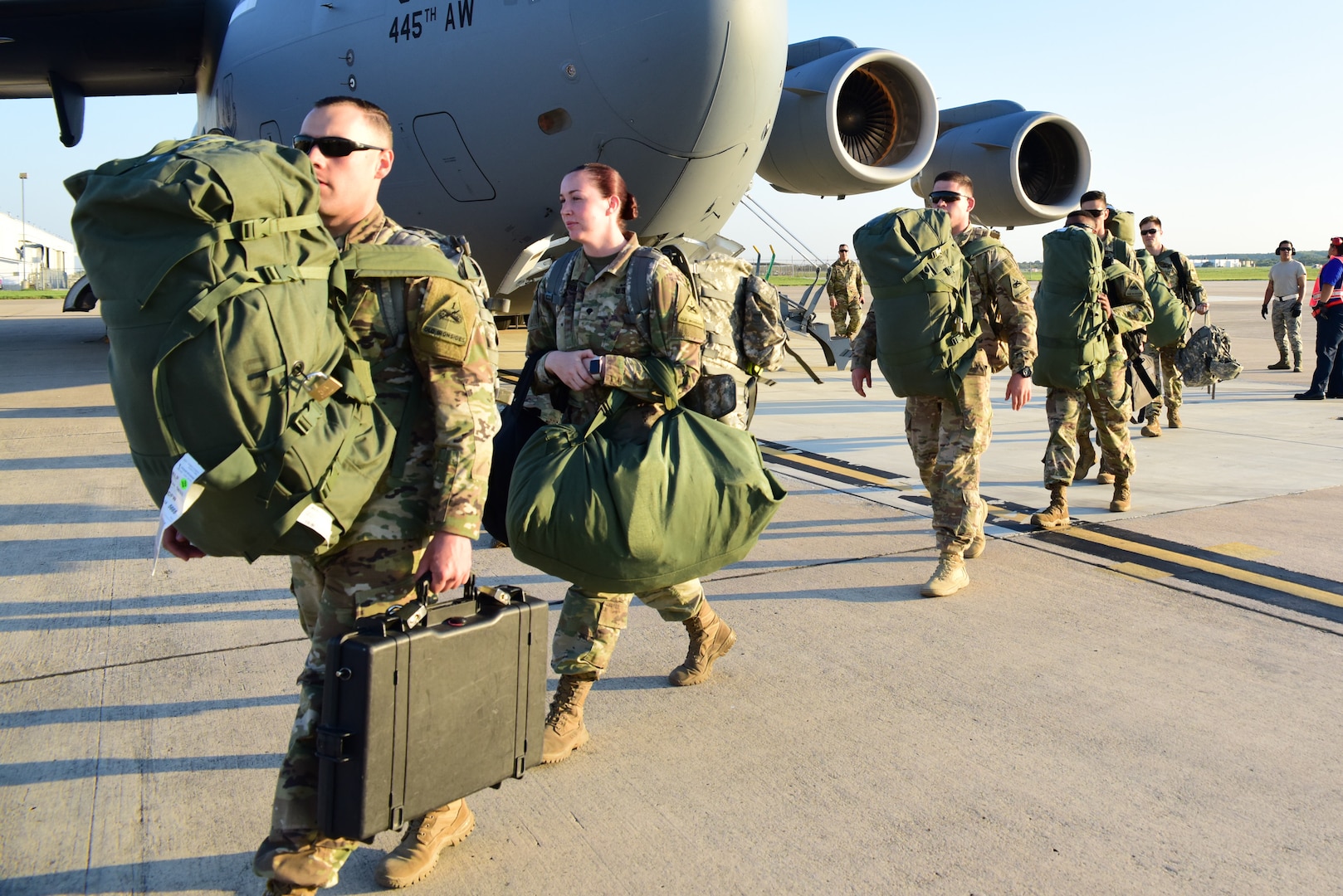 Members from the 502nd Logistics Readiness Squadron, the 433rd Airlift Wing, and the 445th Airlift Wing unload pallets and rolling stock containing maintenance equipment Aug. 30, 2017 at Joint Base San Antonio-Lackland Kelly Field, Texas.