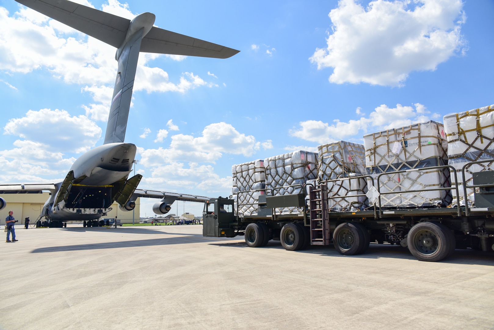 Members from the 502nd Logistics Readiness Squadron and the 433rd Airlift Wing load pallets containing medical supplies and equipment