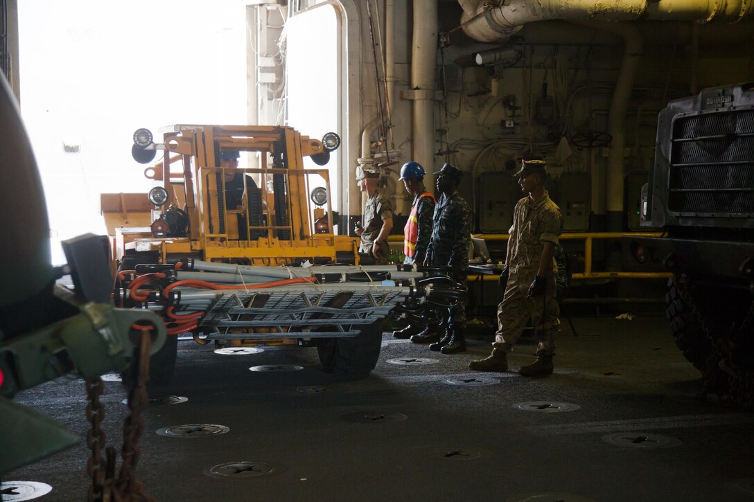 A U.S. Sailor utilizes a forklift to move equipment aboard the USS Kearsarge at Naval Station Norfolk, Va., Aug. 31, 2017.