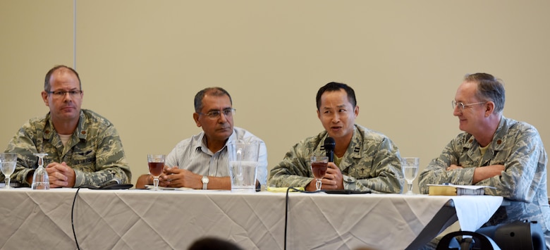 The lunch and religious panel discuss how they stay spiritually fit within their belief systems during a spirituality and religion forum Aug. 17, 2017, at Incirlik Air Base, Turkey. The lunch and enrichment forum focused on how practicing different belief systems can strengthen one’s resilience. (U.S. Air Force photo by Senior Airman Jasmonet D. Jackson)