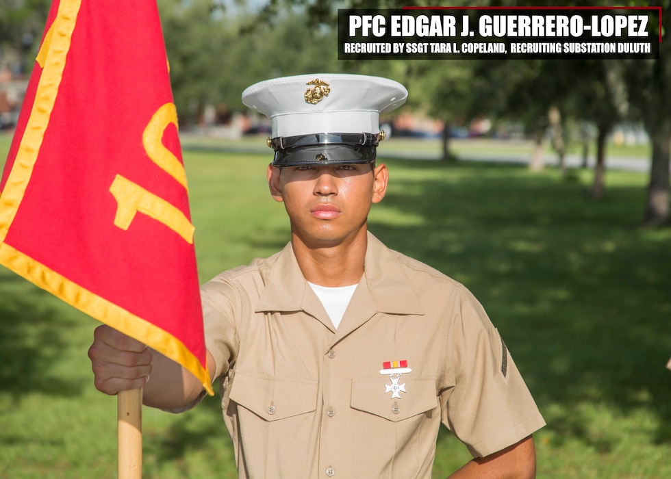 Private First Class Edgar J. Guerrero-Lopez graduated Marine Corps recruit training September 1, 2017, aboard Marine Corps Recruit Depot Parris Island, South Carolina. Guerrero-Lopez was the Honor Graduate of platoon 1062. Guerrero-Lopez was recruited by Staff Sgt. Tara L. Copeland from Recruiting Substation Duluth. (U.S. Marine Corps photo by Lance Cpl. Jack A. E. Rigsby)