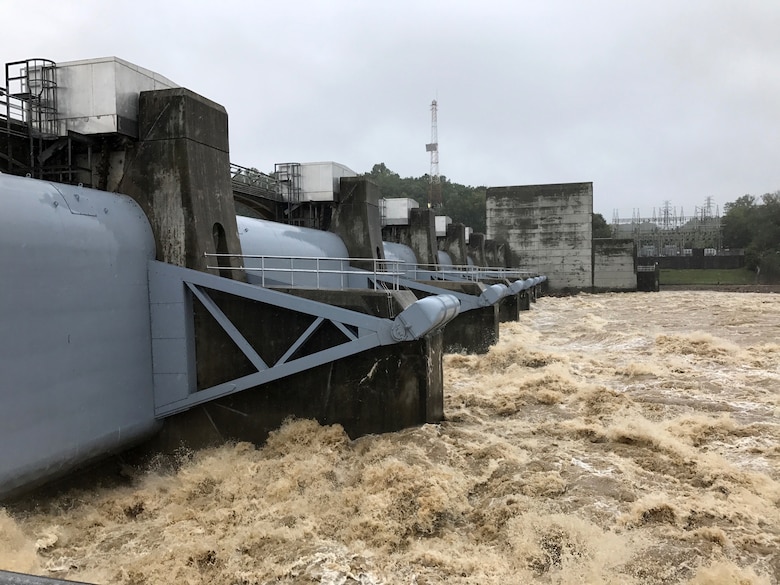 The U.S. Army Corps of Engineers Nashville District Water Management Center is passing water through Cheatham Dam on the Cumberland River in Ashland City, Tenn., at a rate exceeding 90,000 cubic feet per second.  Six to nine inches of rain from the remnants of Hurricane Harvey fell into the Cumberland River watershed and is flowing into Cheatham Lake in Tennessee and Barkley Lake in Kentucky. Cheatham Lock is closed because of the strong currents flowing through the dam. (USACE photo by Mark Rankin)