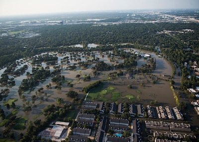 Houston remains flooded following Hurricane Harvey, Aug. 31, 2017. The hurricane formed in the Gulf of Mexico and made landfall in southeastern Texas, bringing record flooding and destruction to the region. Military assets supported the Federal Emergency Management Agency and state and local authorities in rescue and relief efforts. Air Force photo by Tech. Sgt. Larry E. Reid Jr.