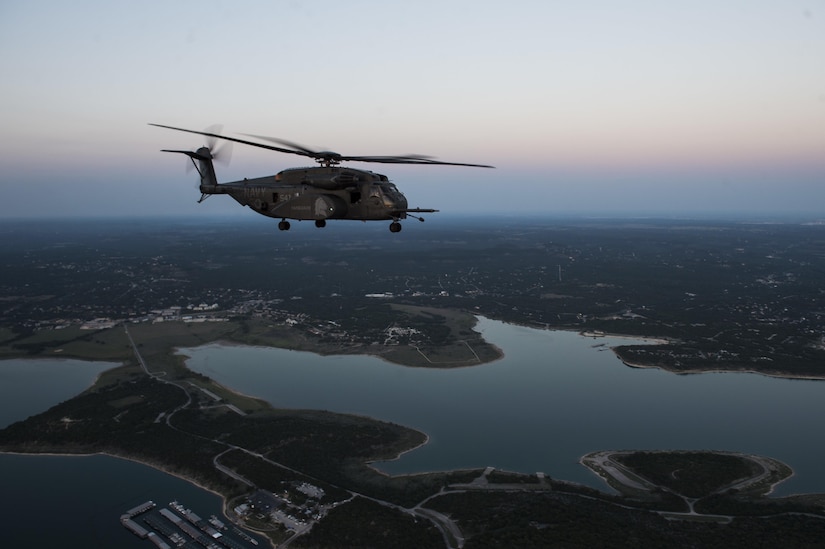 A Navy MH-53E Sea Dragon assigned to Helicopter Mine Countermeasures Squadron 15 at Naval Station Norfolk, Va., flies near Houston during rescue and recovery operations following Hurricane Harvey, Aug. 31, 2017. Air Force photo by Tech. Sgt. Larry E. Reid Jr.