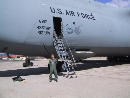 Then Capt. Robert Nance poses for a photo in front of a C-5M Super Galaxy while stationed at Dover Air Force Base, Del. in 2001. Nance was serving with the 436th Airlift Wing on Dover AFB when the events of 9/11 occurred. (courtesy photo)