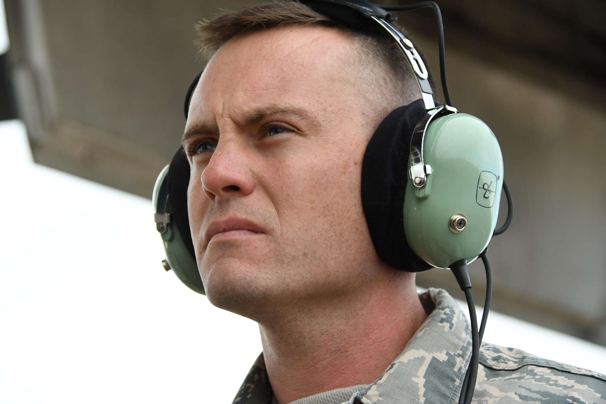 U.S. Air Force Tech. Sgt. Bret Reeves, 489th Bomb Group crew chief, keeps a watchful eye on a B-1 Lancer prior to a takeoff from RAF Fairford, U.K., Aug. 31, 2017.