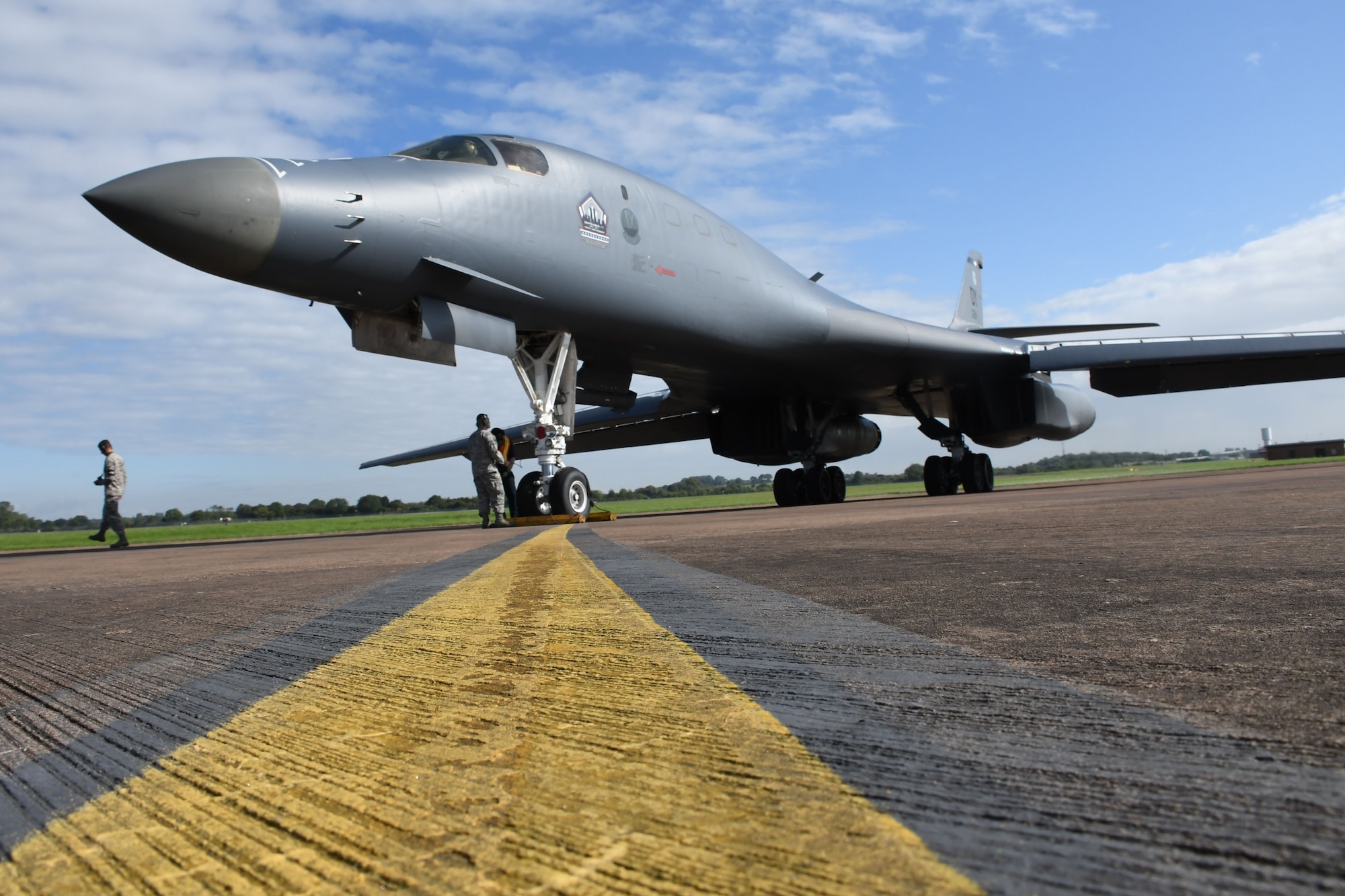 Crew chiefs from the 489th Bomb Group ready a B-1 Lancer for flight at RAF Fairford, U.K., Aug. 31, 2017.