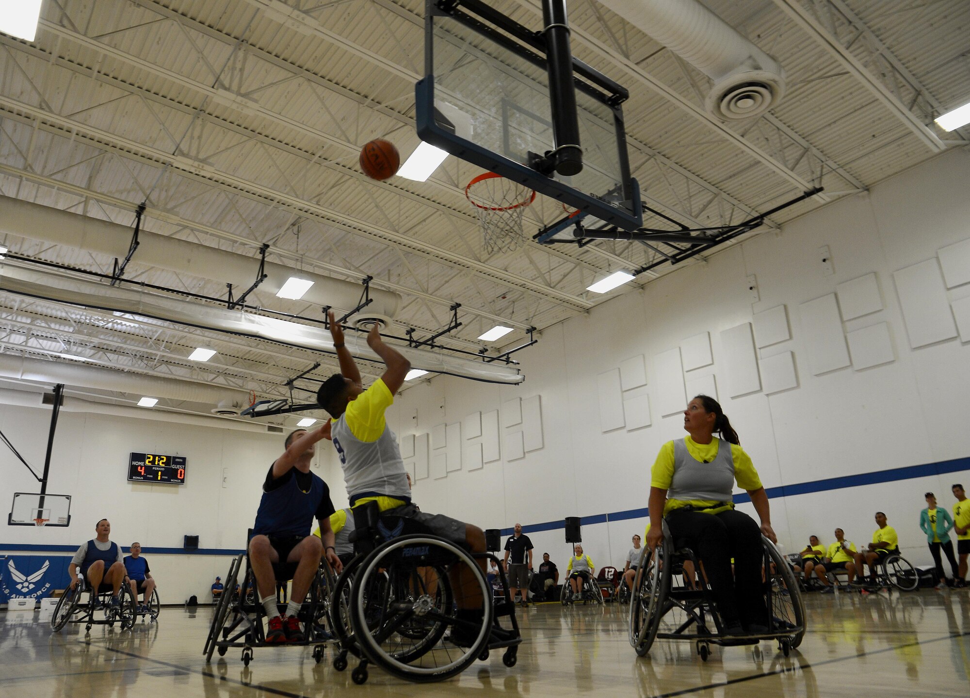Participants of the Air force Wounded Warrior Program, play wheelchair basketball during the 2017 Joint Adaptive Sports Camp Aug. 29, 2017, at Joint Base Lewis-McChord, Wash.