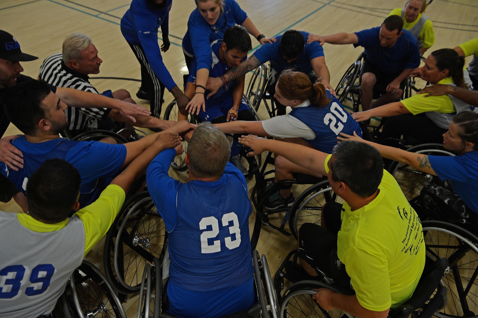 Participants of the Air force Wounded Warrior Program, play wheelchair basketball during the 2017 Joint Adaptive Sports Camp Aug. 29, 2017, at Joint Base Lewis-McChord, Wash.