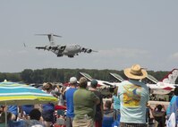 A C-17 Globemaster III prepares for landing after completing an aerial demonstration during the 2017 Thunder Over Dover Open House Aug. 26, 2017, on Dover Air Force Base, Del. The C-17 is capable of rapid strategic delivery of personnel and all types of cargo to main operating bases or directly to forward bases in the deployment area. (U.S. Air Force photo by Staff Sgt. Jared Duhon)