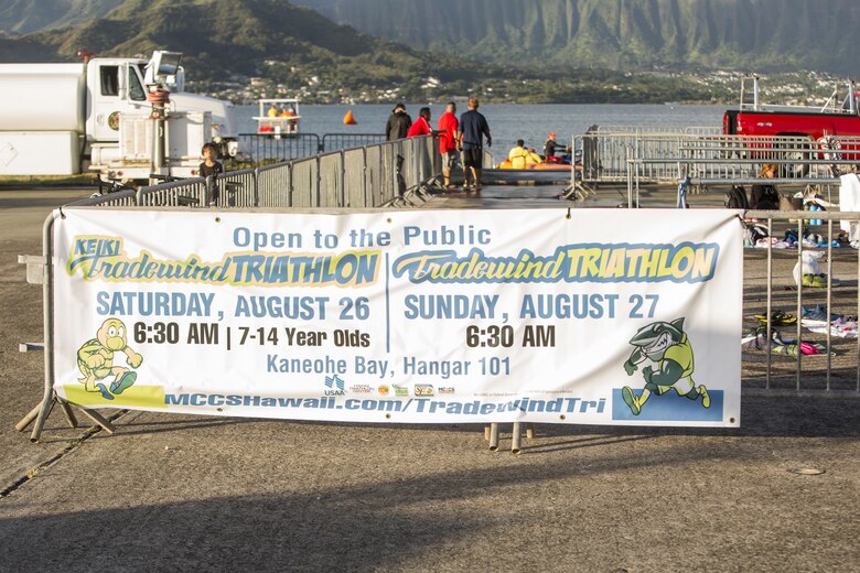 Marine Corps Community Services hosts the Tradewind Triathlon at the flight line aboard Marine Corps Air Station (MCAS) Kaneohe Bay, Aug. 27, 2017. The Tradewind Triathlon involves a 500 meter swim in Kaneohe Bay, a 13 mile bike ride on the MCAS Kaneohe Bay flight line, and a 3 mile run around the base. The event is part of the Commanding Officer Race Series and is open for the public to participate in. (U.S. Marine Corps photo by Lance Cpl. Isabelo Tabanguil)