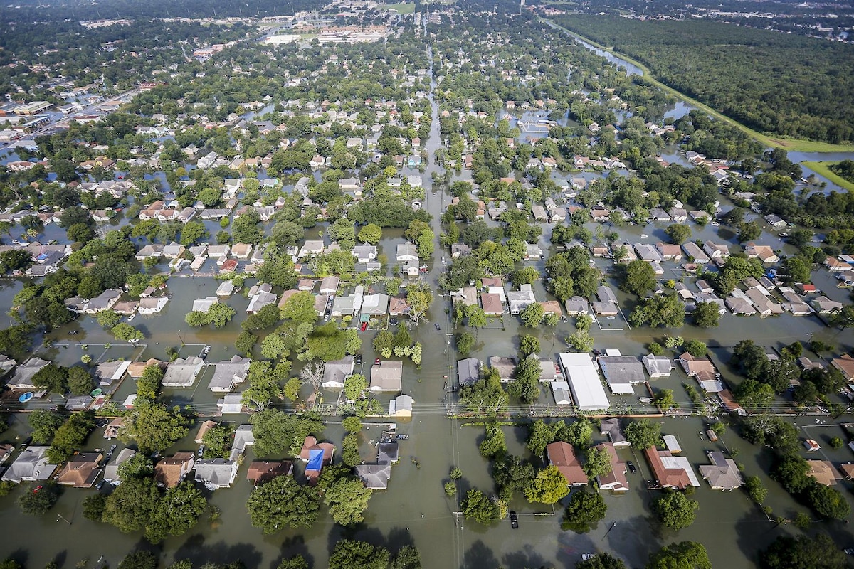 An aerial shows extensive flooding in a residential area from Hurricane Harvey in Texas.