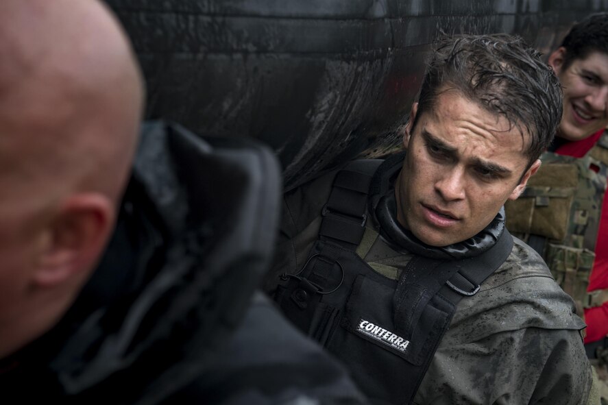 Pararescuemen from the 58th Rescue Squadron load rescue boats into transport vehicles prior to a rescue mission, Aug. 30, 2017, at the Orange County Convention and Expo Center in Orange, Texas.