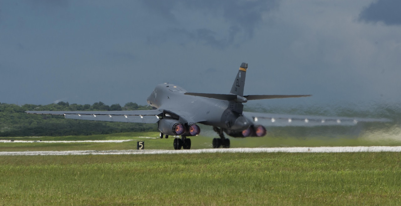 U.S. Fifth-Generation Fighters, Strategic Bombers Conduct Show of Force with Allies in Response to North Korea Missile Launch A B-1B Lancer prepares for takeoff from Andersen Air Force Base, Guam, into Japanese airspace and over the Korean Peninsula, Aug. 31, 2017. The B-1Bs along with U.S. Marine Corp’s F-35Bs, made contact with two Koku Jieitai (Japan Air Self-Defense Force) F-15J fighters over waters near Kyushu, and were joined by four South Korean F-15 fighters over the Korean Peninsula. This mission is in direct response to North Korea’s intermediate range ballistic missile launch and emphasizes the combined ironclad commitment to regional allies and partners. (U.S. Air Force photo/Master Sgt. J.T. May III)
