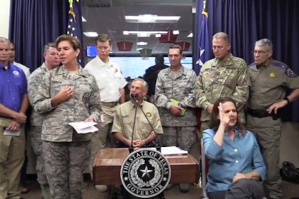 Air Force Gen. Lori J. Robinson, commander of U.S. Northern Command, and Air Force Gen. Joseph L. Lengyel, chief of the National Guard Bureau, provide an update on Hurricane Harvey from the Texas State Operations Center in Austin, Texas, Sept. 1, 2017.
