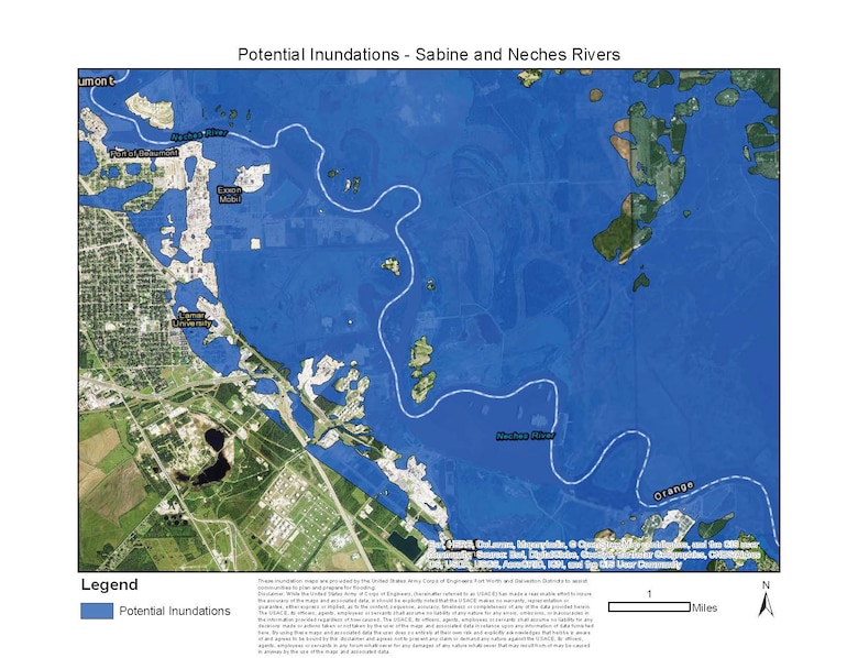 "These inundation maps depicting the Sabine and Neches rivers are provided by the United States Army Corps of Engineers Fort Worth and Galveston Districts to assist communities to plan and prepare for flooding.