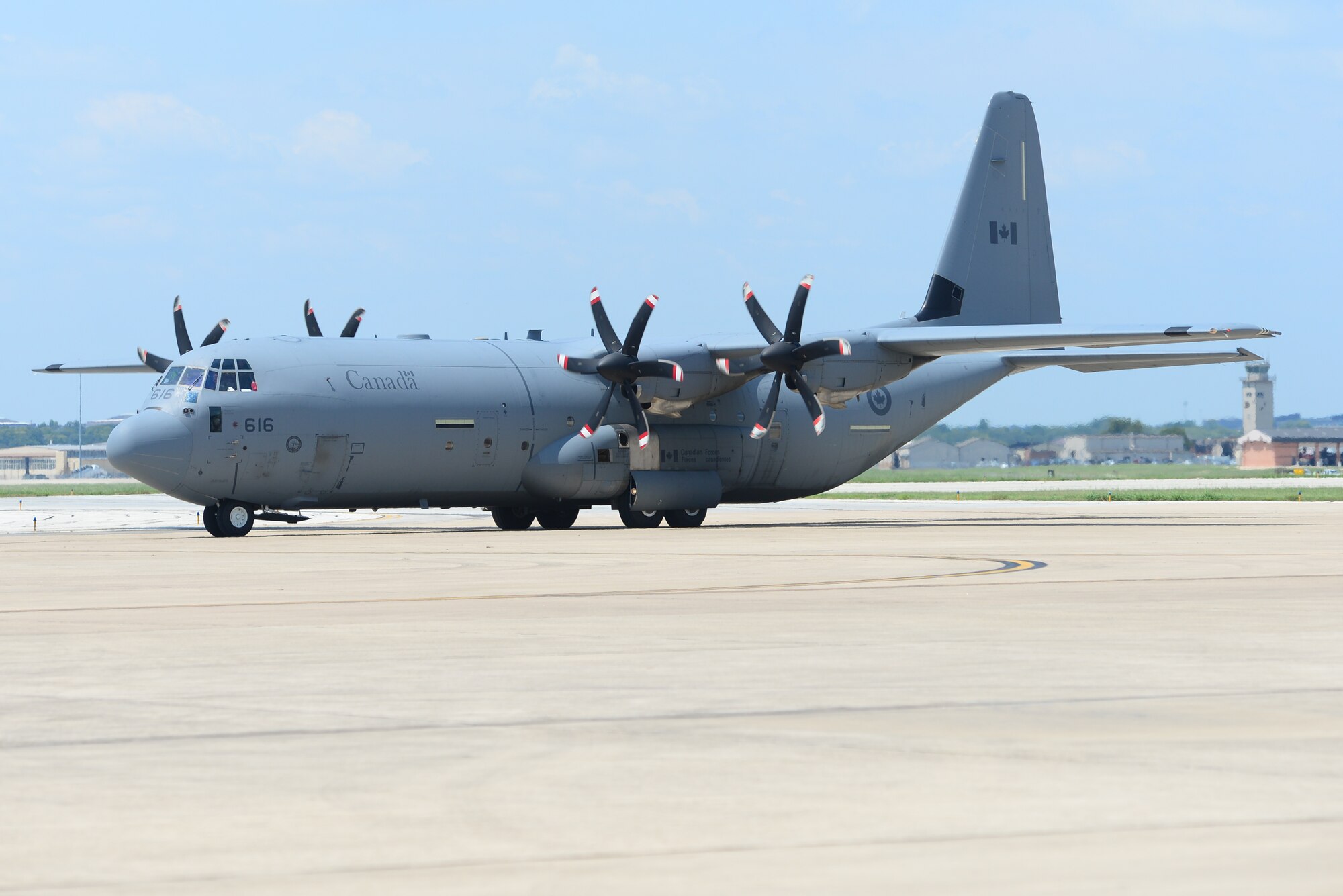A Royal Canadian Air Force CC-130J Hercules arlift arrives at Joint Base San Antonio-Lackland Kelly Fied, Texas carrying humanitarian supplies from the government of Canada to aid in Hurricane Harvey relief efforts Sept. 3, 2017. The supplies included pediatric necessities like baby formula, blankets, cribs and other similar items. The RCAF airlift flew in from 8 Wing Trenton, Ontario, Canada.