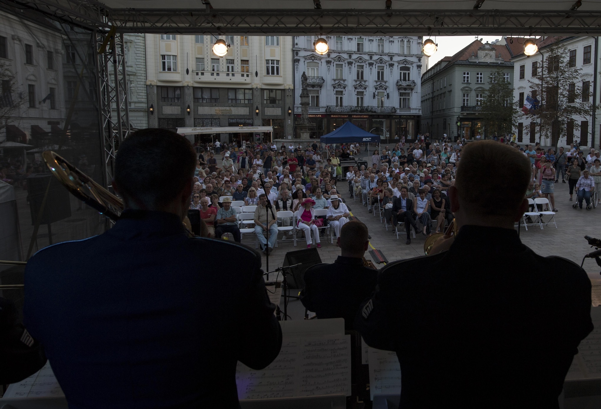 U.S. Air Force Staff Sgt. James Hubbard, U.S. Air Forces in Europe jazz band trombone (right), and U.S. Air Force Tech. Sgt. Jeffrey Reich, USAFE jazz band trumpet (left), play their instruments during a concert for the 73rd anniversary of the Slovak National Uprising in Bratislava, Slovakia, Aug. 30, 2017. Participating in events with NATO allies improves interoperability and strengthens long standing relationships. (U.S. Air Force photo by Senior Airman Tryphena Mayhugh)