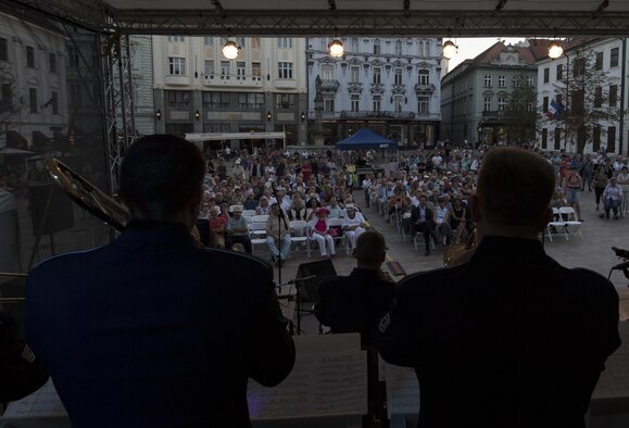 U.S. Air Force Staff Sgt. James Hubbard, U.S. Air Forces in Europe jazz band trombone (right), and U.S. Air Force Tech. Sgt. Jeffrey Reich, USAFE jazz band trumpet (left), play their instruments during a concert for the 73rd anniversary of the Slovak National Uprising in Bratislava, Slovakia, Aug. 30, 2017. Participating in events with NATO allies improves interoperability and strengthens long standing relationships. (U.S. Air Force photo by Senior Airman Tryphena Mayhugh)