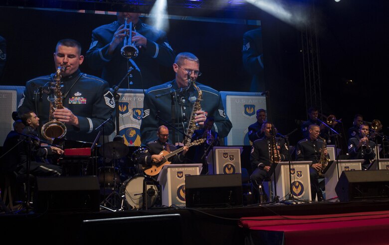 Members of The Ambassadors, U.S. Air Forces in Europe jazz band, perform at the 73rd anniversary of the Slovak National Uprising in Banská Bystrica, Slovakia, Aug. 29, 2017. On Aug. 29, 1944, the Slovakian army started an uprising against the pro-Nazi government of the time. The USAFE Band’s performance will help preserve the mutual commitment and trust between the U.S. and Slovakia. (U.S. Air Force photo by Senior Airman Tryphena Mayhugh)