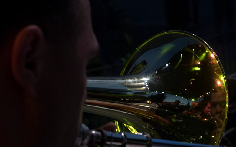 U.S. Air Force Tech. Sgt. George Father, U.S. Air Forces in Europe jazz band trombone, performs for the 73rd anniversary of the Slovak National Uprising in Banská Bystrica, Slovakia, Aug. 29, 2017. The USAFE band, called the Ambassadors, played at the Museum of Slovak National Uprising along with bands from 35 other countries for the event. Participating in events with NATO allies improves interoperability and strengthens long standing relationships. (U.S. Air Force photo by Senior Airman Tryphena Mayhugh)