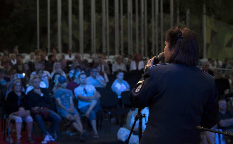 U.S. Air Force Master Sgt. Michele Harris, U.S. Air Forces in Europe jazz band vocalist, sings during the band’s performance for the 73rd anniversary of the Slovak National Uprising in Banská Bystrica, Slovakia, Aug. 29, 2017. The band, called the Ambassadors, played jazz music at the Museum of Slovak National Uprising, along with a variety of bands from 35 other countries. The USAFE band serves to increase cultural ties and to enhance the people-to-people relationship between the U.S. and Slovakia. (U.S. Air Force photo by Senior Airman Tryphena Mayhugh)