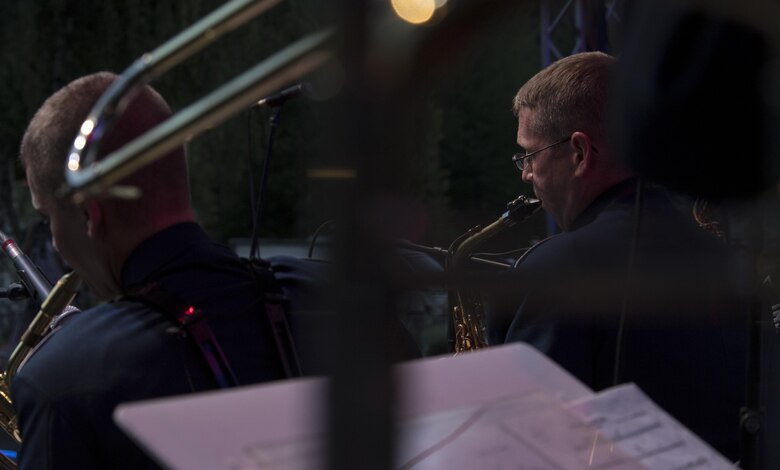 U.S. Air Force Staff Sgt. Brian Connolly, U.S. Air Forces in Europe jazz band saxophone  plays the saxophone during the band’s performance for the 73rd anniversary of the Slovak National Uprising in Banská Bystrica, Slovakia, Aug. 29, 2017. The USAFE band represents unique international musical heritage, building and preserving partnerships through official multi-national military and international community outreach events. (U.S. Air Force photo by Senior Airman Tryphena Mayhugh)