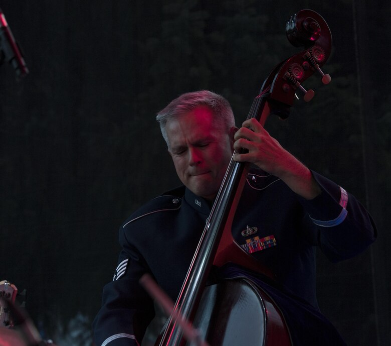U.S. Air Force Staff Sgt. Joseph Whitt, U.S. Air Forces in Europe jazz band bass, plays his instrument during the bands performance for the 73rd anniversary of the Slovak National Uprising in Banská Bystrica, Slovakia, Aug. 29, 2017. The U.S. established diplomatic relations with Slovakia in 1933. Since then, the two countries have maintained a strong bilateral friendship based on shared values and mutual interests. (U.S. Air Force photo by Senior Airman Tryphena Mayhugh)