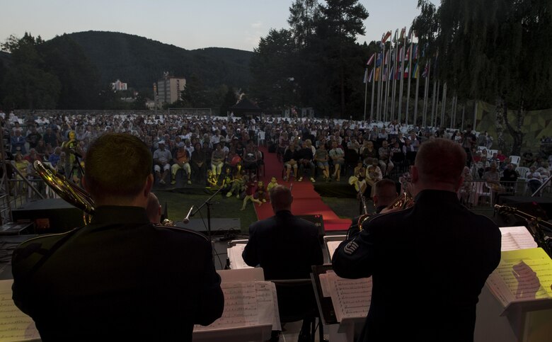 U.S. Airmen in the Ambassadors, the U.S. Air Forces in Europe jazz band, perform for a crowd of people for the 73rd anniversary of the Slovak National Uprising in Banská Bystrica, Slovakia, Aug. 29, 2017. The band was comprised of a piano, three saxophones, two trumpets, two trombones, percussion, guitarist, and a bass. The USAFE Band’s performance will help preserve the mutual commitment and trust between the U.S. and Slovakia. (U.S. Air Force photo by Senior Airman Tryphena Mayhugh)