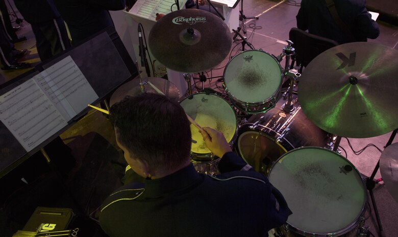U.S. Air Force Staff Sgt. Andy Wendzikowski, U.S. Air Forces in Europe jazz band percussion, plays the drums during the band’s performance for the 73rd anniversary of the Slovak National Uprising in Banská Bystrica, Slovakia, Aug. 29, 2017. The USAFE band, known as the Ambassadors, serves to increase cultural ties and to enhance the people-to-people relationship between the U.S. and Slovakia. (U.S. Air Force photo by Senior Airman Tryphena Mayhugh)