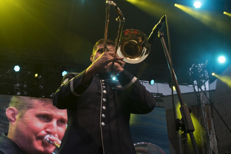U.S. Air Force Staff Sgt. James Hubbard, U.S. Air Forces in Europe jazz band trombone, plays a solo during the 73rd anniversary of the Slovak National Uprising in Banská Bystrica, Slovakia, Aug. 29, 2017. On Aug. 29, 1944, the Slovakian army started an uprising against the pro-Nazi government of the time. The USAFE Band’s performance will help preserve the mutual commitment and trust between the U.S. and Slovakia. (U.S. Air Force photo by Senior Airman Tryphena Mayhugh)