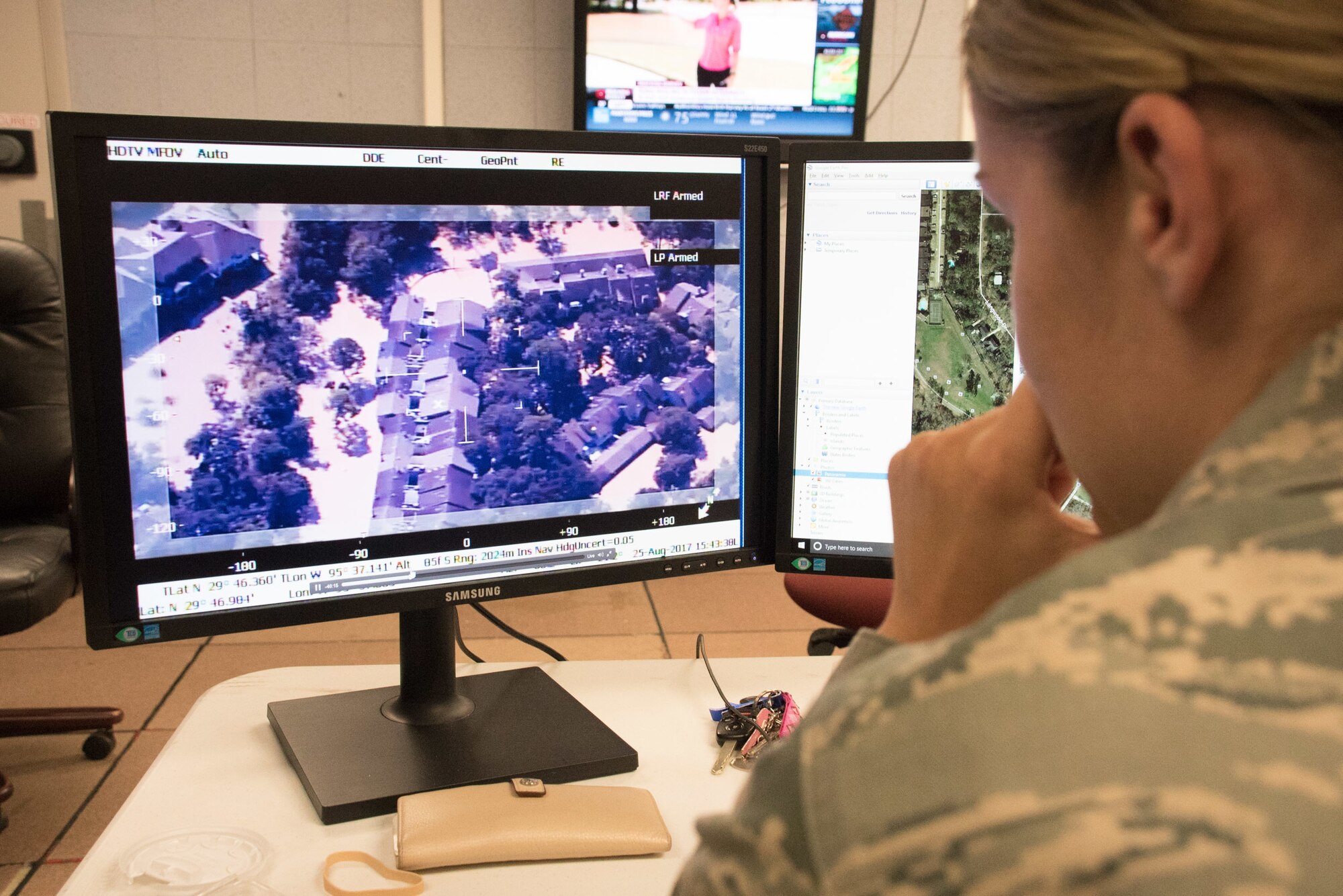 Airmen of the 102d Intelligence Surveillance Reconnaissance Group at Otis Air National Guard Base, Massachusetts provide imagery analysis support for Hurricane Harvey first responders.  When tasked for domestic operations, Air National Guard intelligence analysts utilize different equipment and networks, but apply the same analytical tradecraft and problem solving skills that they use in their federal mission overseas.
