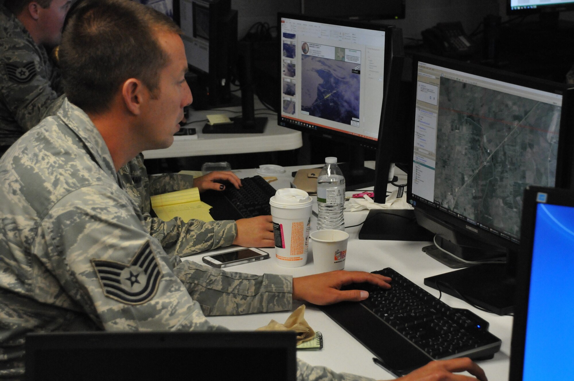 Airmen of the 102d Intelligence Surveillance Reconnaissance Group at Otis Air National Guard Base, Massachusetts provide imagery analysis support for Hurricane Harvey first responders.  When tasked for domestic operations, Air National Guard intelligence analysts utilize different equipment and networks, but apply the same analytical tradecraft and problem solving skills that they use in their federal mission overseas.