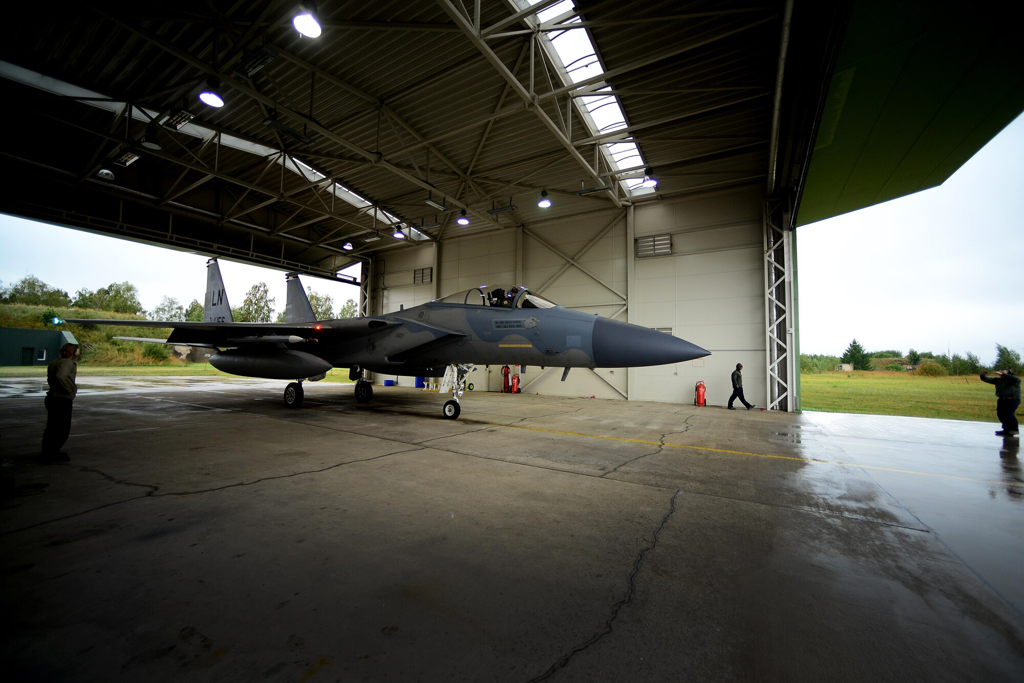 A U.S. Air Force F-15C Eagle aircrew members from the 493rd Expeditionary Fighter Squadron responds to an alert scramble notification at Siauliai Air Base, Lithuania, Sept. 4, 2017. The 493rd EFS pilots routinely track, intercept and interrogate aircraft operating in Baltic airspace who are non-responsive to local air-traffic controlled communication or operating without an official flight plan. (U.S. Air Force photo/ Tech. Sgt. Matthew Plew)