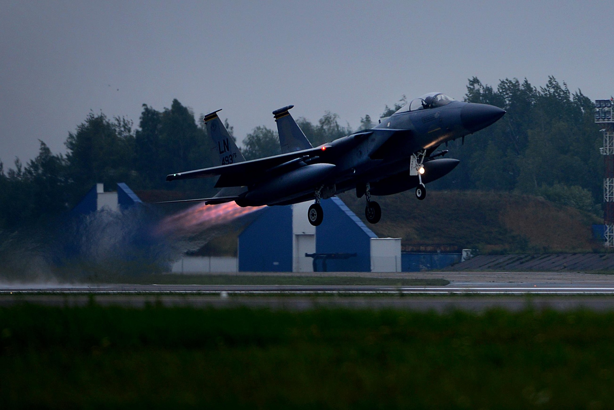 An alert ready F-15C Eagle from the 493rd Expeditionary Fighter Squadron respond to an alert scramble notification at Siauliai Air Base, Lithuania, Sept. 4, 2017. The F-15C is uniquely suited for the Baltic Air Policing mission with its capability to detect, acquire, track and intercept opposing aircraft while operating in friendly or rival-controlled airspace at distances beyond visual range down to close range, and at altitudes down to treetop level. (U.S. Air Force photo/ Tech. Sgt. Matthew Plew)