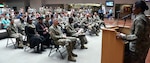 Brooke Army Medical Center Deputy Commander Col. Traci E. Crawford addresses the audience gathered for BAMC’s Women’s Equality Day in the Medical Mall Aug. 30. Crawford was the guest speaker for the event.
