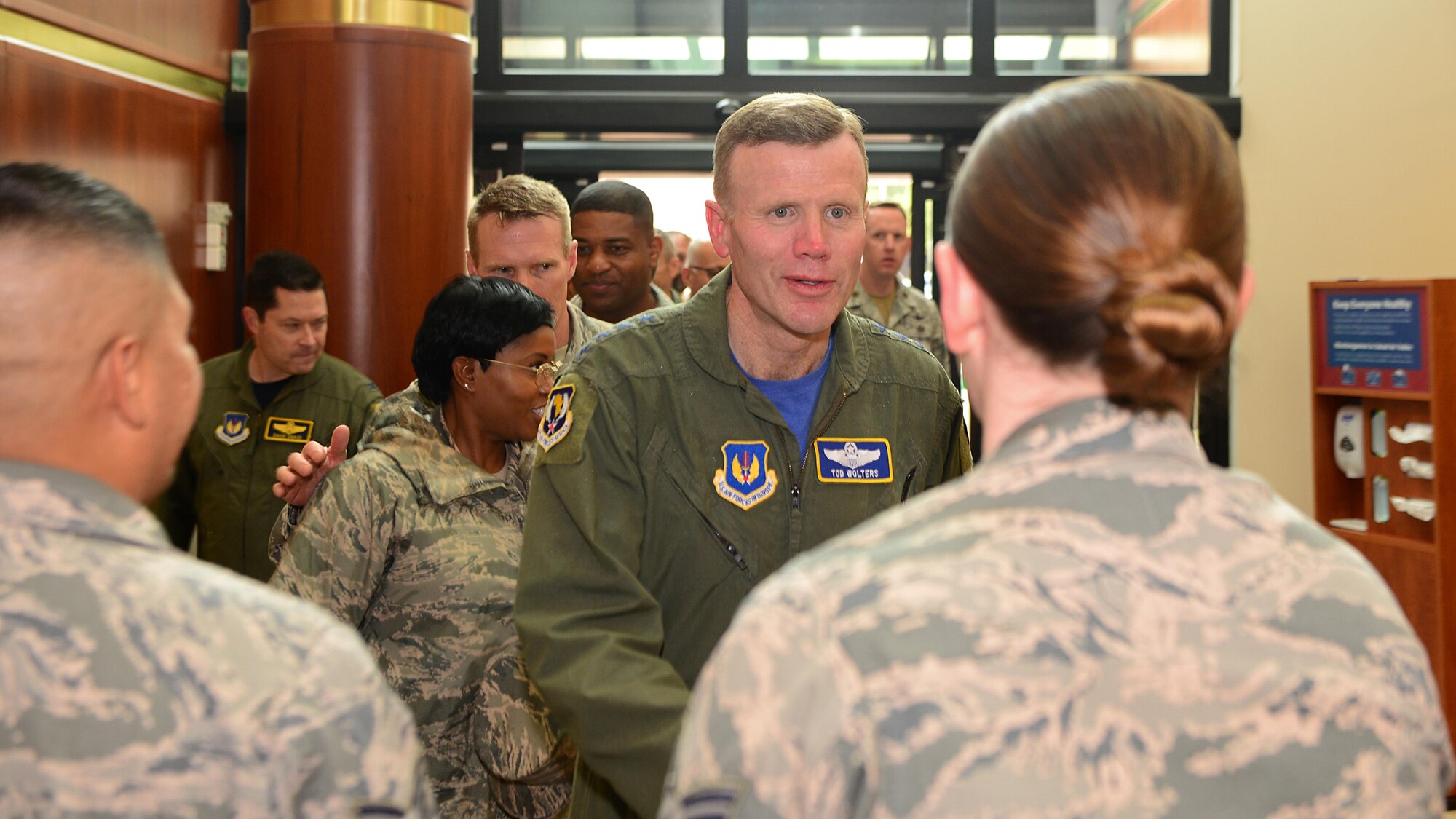 Gen. Tod Wolters, U.S. Air Forces in Europe and Air Forces Africa commander, greets Airmen from the 31st Medical Group, Sept. 1, 2017, at Aviano Air Base, Italy. The commander spent the day visiting Airmen throughout several base facilities and spoke with the 31st Fighter Wing leadership. (U.S. Air Force photo by Airman 1st Class Ryan Brooks)