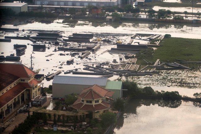 An aerial view shows significant damage caused by Hurricane Harvey.