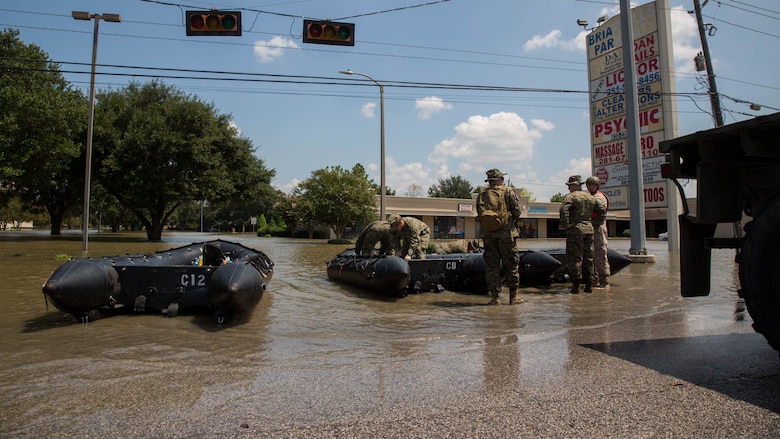 Marines with Charlie Company, 4th Reconnaissance Battalion, 4th Marine Division, Marine Forces Reserve, ready their Marine Corps F470 Zodiacs Combat Rubber Raiding crafts for rescue missions in Houston, Texas, Aug. 31, 2017. Marines from Charlie Company assisted rescue effort in wake of Hurricane Harvey by providing Zodiacs and personal to local law enforcement.