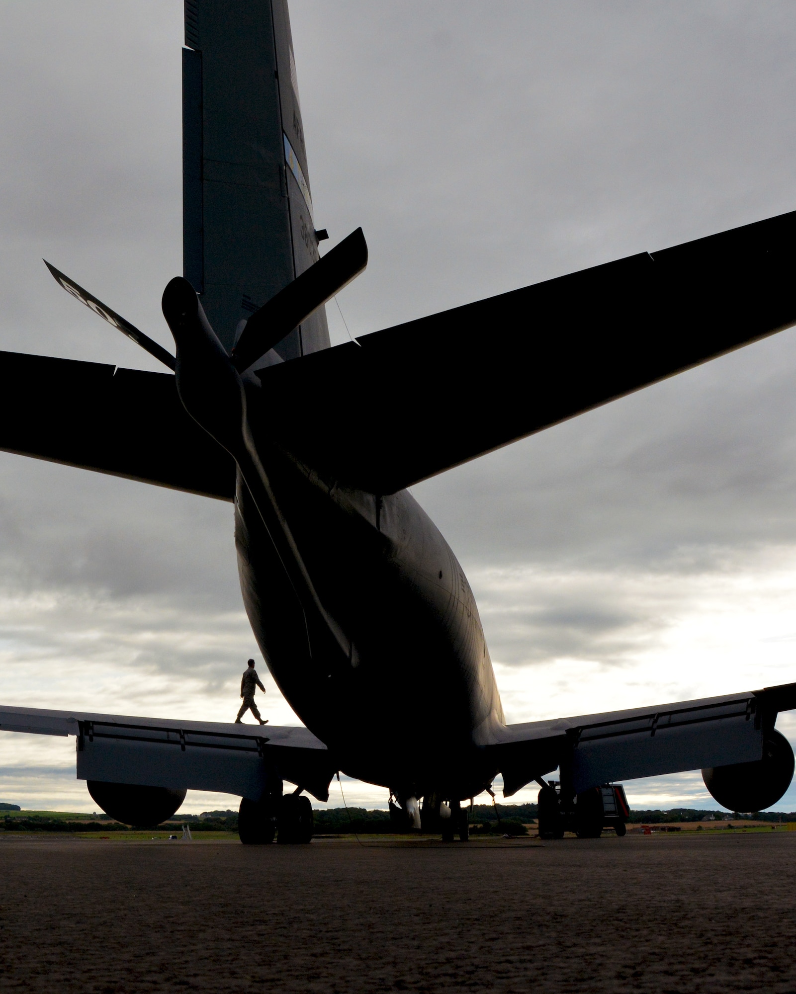 Staff Sgt. Travis Krause, 507th Aircraft Maintenance Squadron crew chief from Tinker Air Force Base, Okla., performs a visual inspection on the wing of a KC-135R Stratotanker before flight at Glasgow Prestwick Airport, Scotland, Aug. 27, 2017. 507th Air Refueling Wing Reserve Citizen Airmen from Tinker AFB flew 16 aeromedical evacuation technicians from Scott AFB, Ill., to and from Scotland to provide in-flight medical training designed to strengthen skills and teamwork. (U.S. Air Force photo/Tech. Sgt. Samantha Mathison)