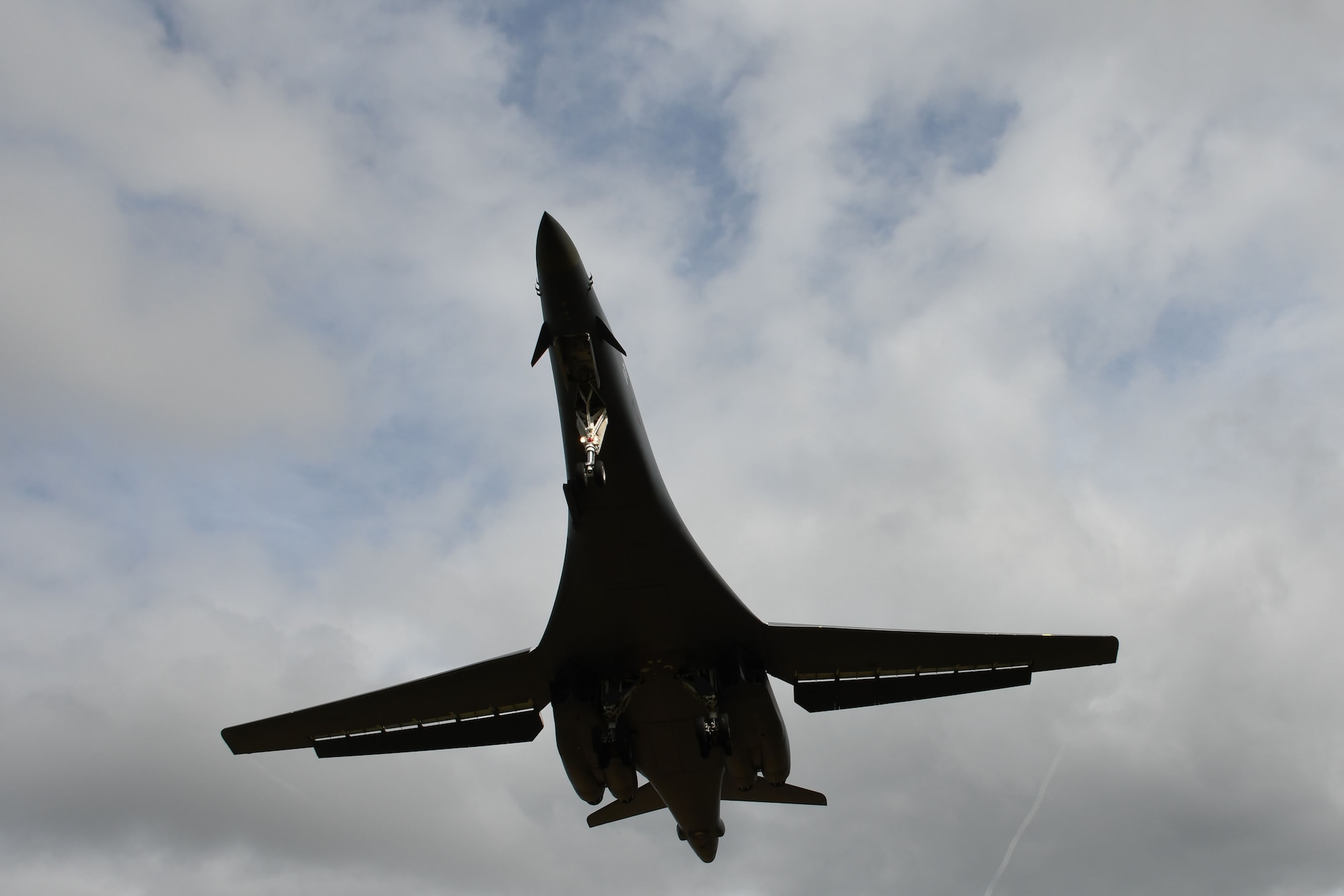 A B-1B Lancer lowers its landing gear as it passes overhead at Royal Air Force Fairford, United Kingdom, Sep. 4, 2017.