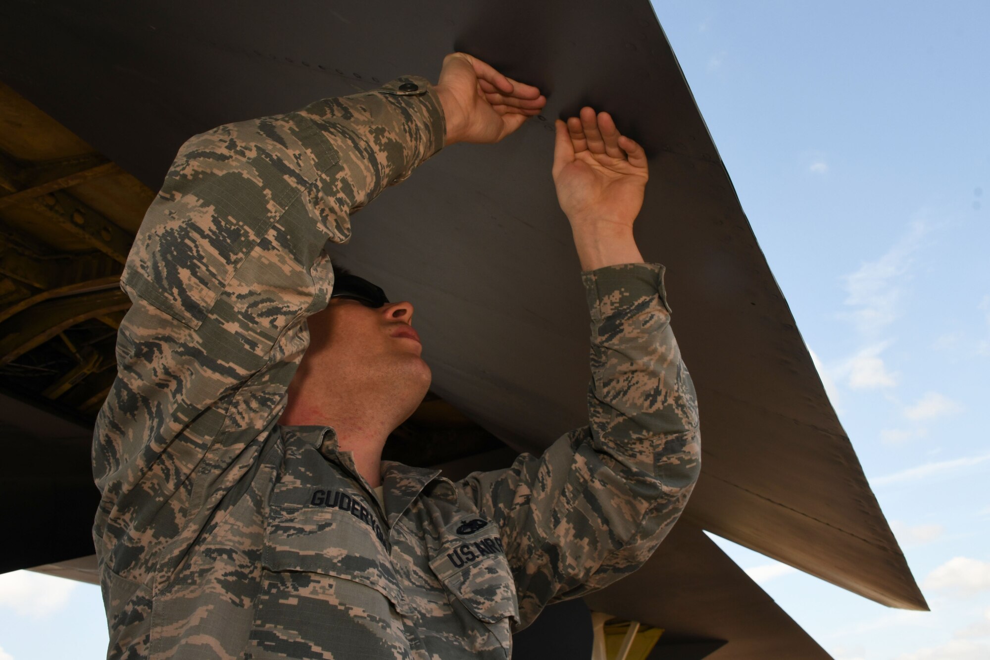 U.S. Air Force Master Sgt. Mike Guderyon, 307th Aircraft Maintenance Squadron aircraft structural maintainer, checks a B-52 Stratofortress for wear and tear after its trans-atlantic flight from Barksdale Air Force Base, La. to Royal Air Force Fairford, U.K., Sep. 1, 2017.