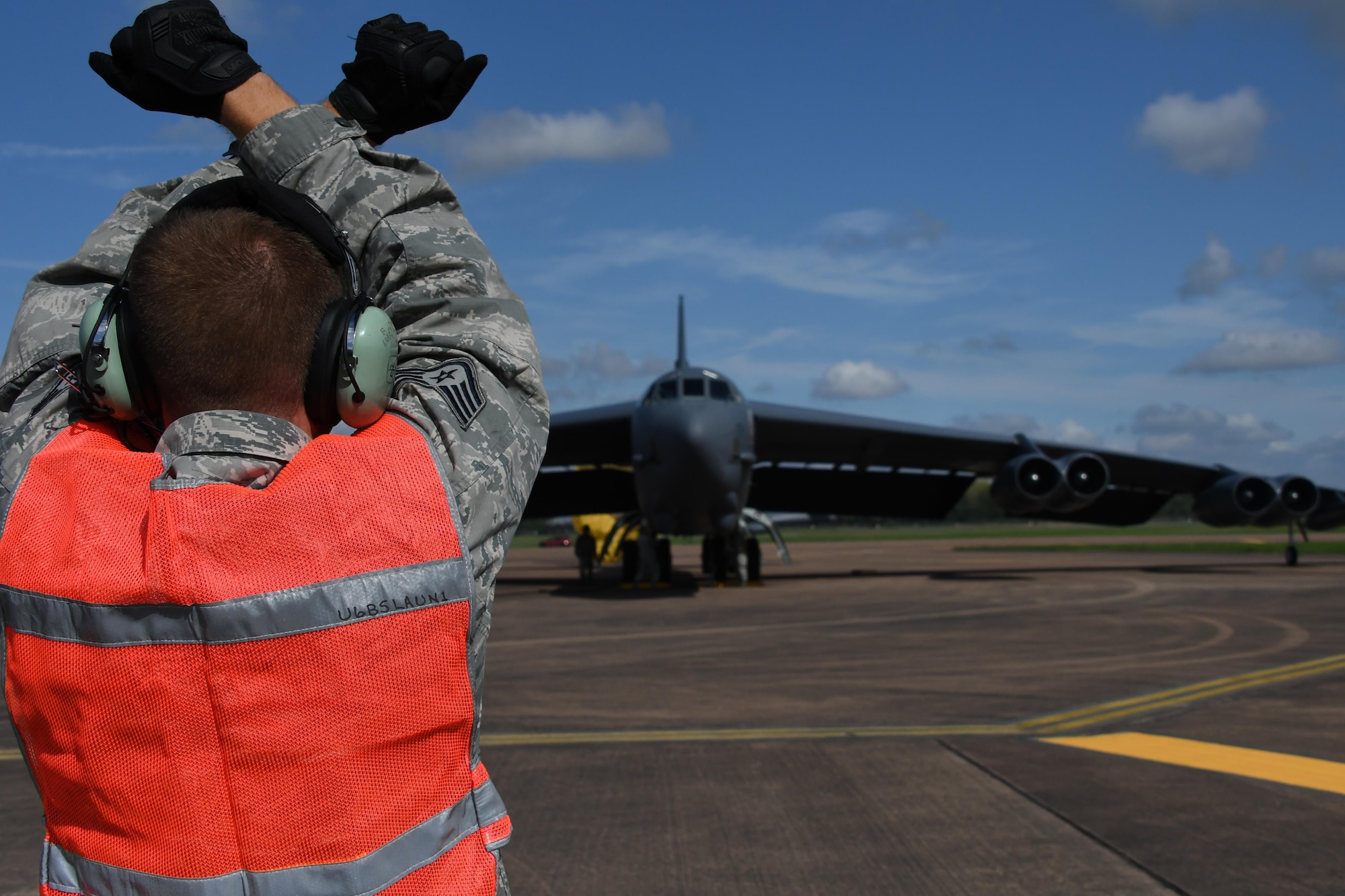 Another B-52 Stratofortress is marshalled into place at Royal Air Force Fairford, United Kingdom, Sep. 1, 2017.