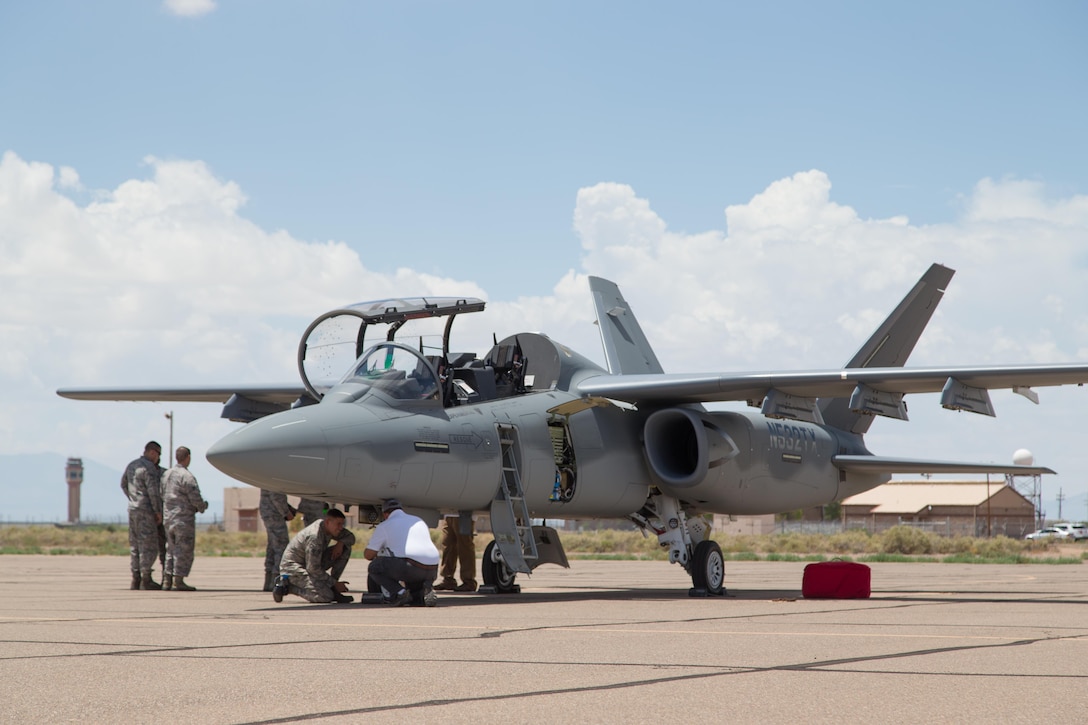 A Textron Scorpion experimental aircraft sits at Holloman Air Force Base, New Mexico, July 31. The Scorpion is participating in the U.S. Air Force Light Attack Experiment (OA-X), a series of trials to determine the feasibility of using light aircraft in attack roles. (U.S. Air Force photo by Christopher Okula)