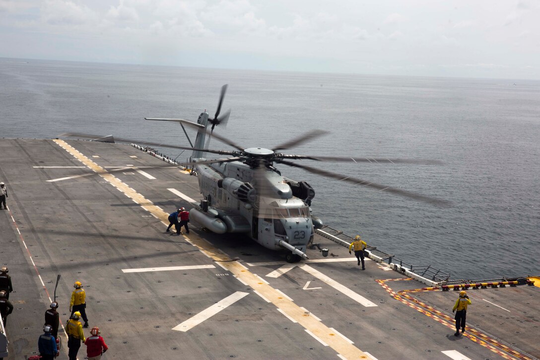 A Marine Corps CH-53E Super Stallion helicopter with Marine Medium Tiltrotor Squadron (VMM) 162 (Reinforced), 26th Marine Expeditionary Unit (MEU), lands on the amphibious assault ship USS Kearsarge (LHD 3) in the Atlantic Ocean Sept. 3, 2017. Approximately 690 Marines from the 26th MEU embarked aboard the amphibious assault ship as part of prudent measures in anticipation of future tasking to support hurricane relief efforts. (U.S. Marine Corps photo by Cpl. Juan A. Soto-Delgado)