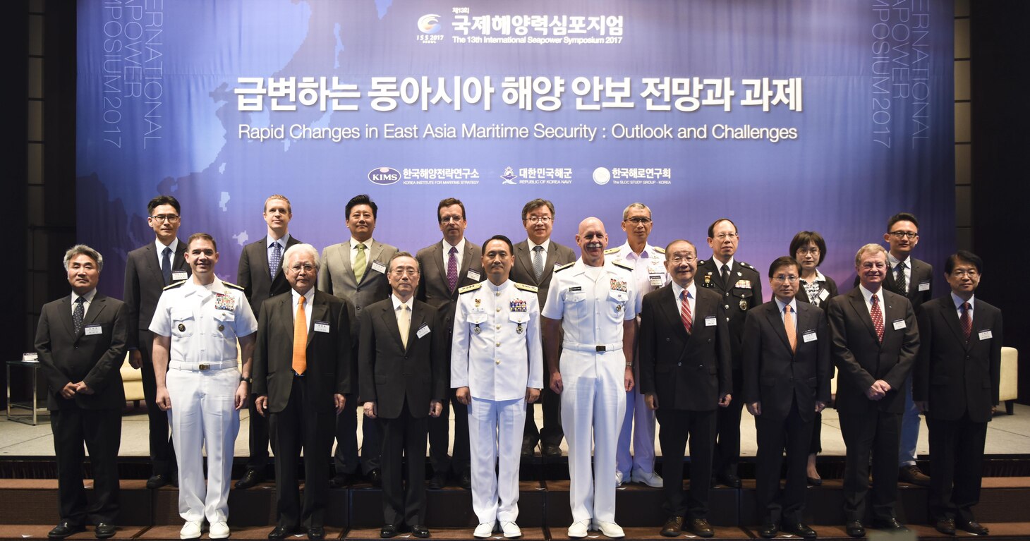 170905-N-TB148-264 SEOUL, Republic of Korea (Sept. 05, 2017) Adm. Scott Swift, commander, U.S. Pacific Fleet (PACFLT), poses for a group photo with Adm. Um, Hyun-Sung, chief of naval operations, Republic of Korea Navy (ROKN), and other distinguished military and civilian leaders during the ROKN’s 13th annual International Seapower Symposium. PACFLT's visit includes engagements with U.S. and ROK key military leaders to emphasize the commitment of the Pacific Fleet to key allies and security and stability on the peninsula. (U.S. Navy photo by Mass Communication Specialist Seaman William Carlisle)