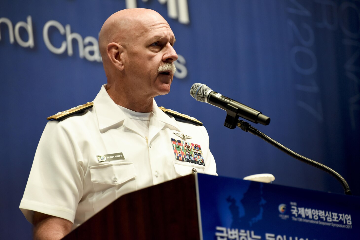 170905-N-TB148-165 SEOUL, Republic of Korea (Sept. 05, 2017) Adm. Scott Swift, commander, U.S. Pacific Fleet (PACFLT), delivers the keynote address at the Republic of Korea Navy’s 13th annual International Seapower Symposium.  PACFLT's visit includes engagements with U.S. and ROK key military leaders to emphasize the commitment of the Pacific Fleet to key allies and security and stability on the peninsula. (U.S. Navy photo by Mass Communication Specialist Seaman William Carlisle)